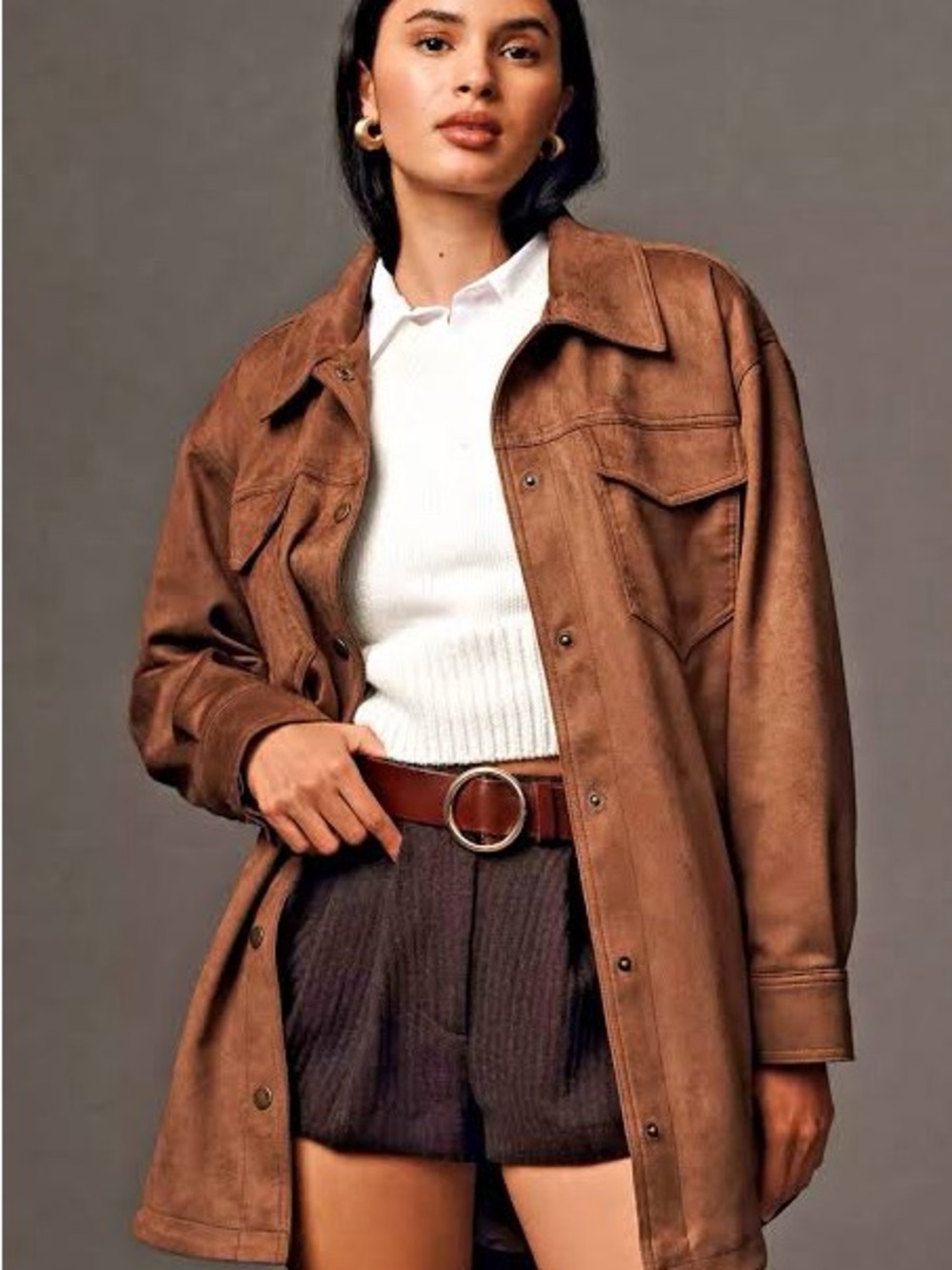 Pilcro Brown Suede-Look Oversized Jean Jacket